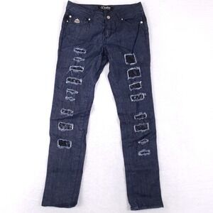 Dereon Distressed Patchwork Jeans Womens 11/12 Y2K McBling Dark‎ Wash Black Lace